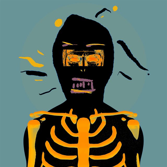 NTS masked character with orange skeleton artwork