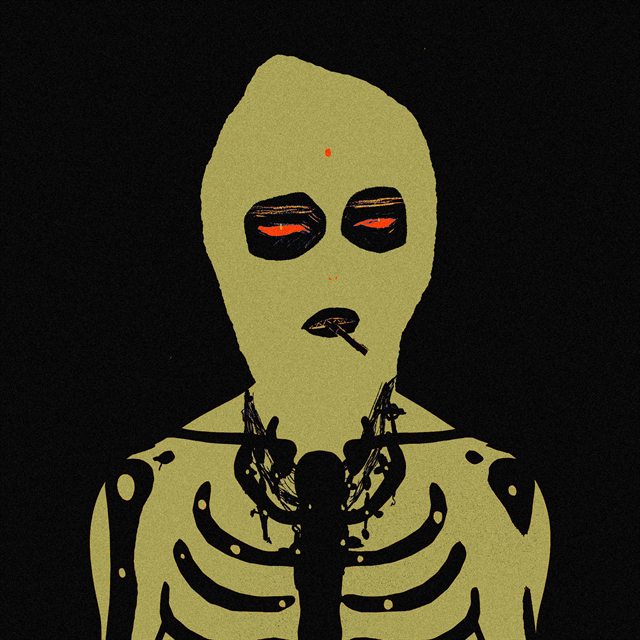 NTS masked character in black and muted yellow